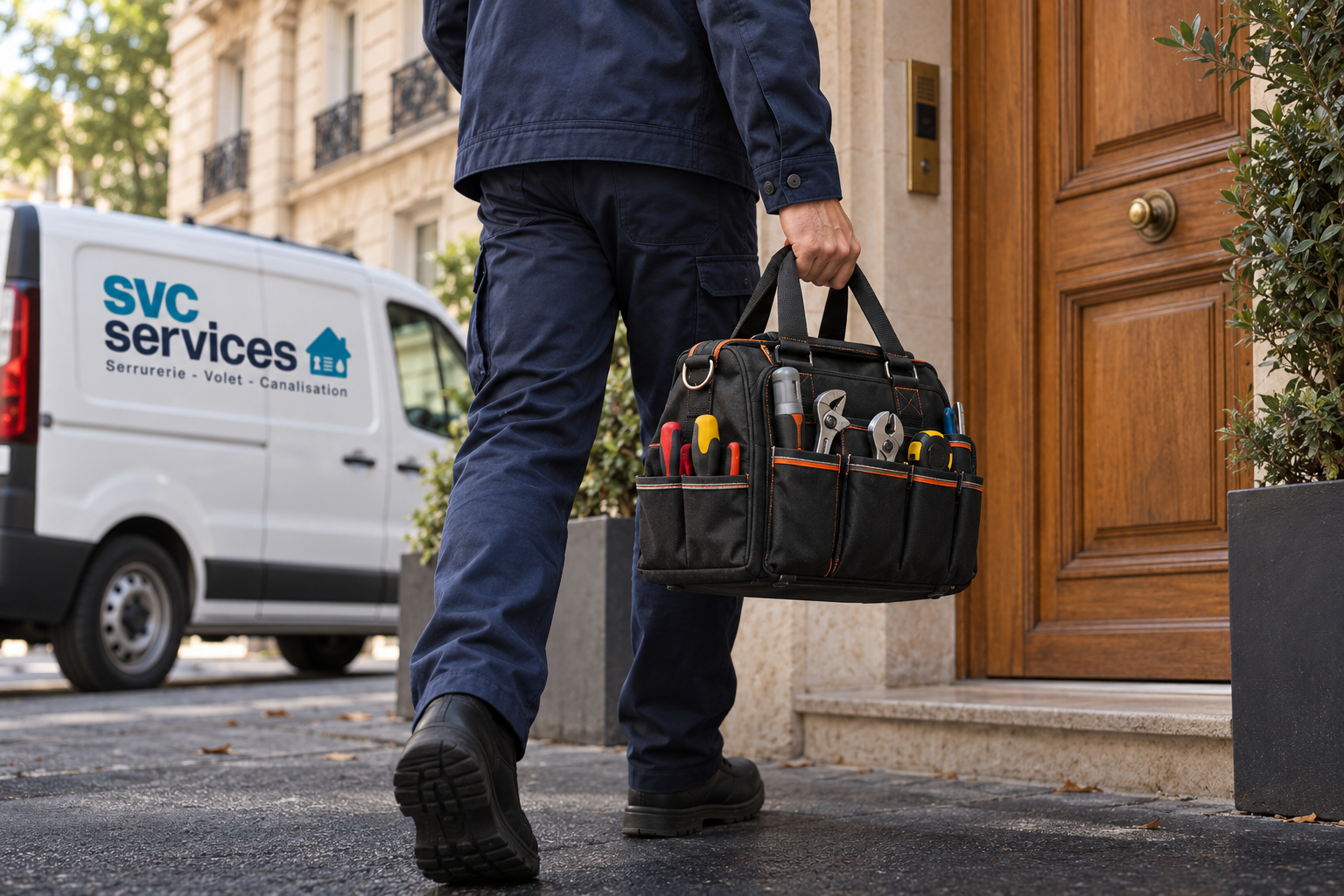 Un artisan SVC arrive chez un client avec son sac à outils.